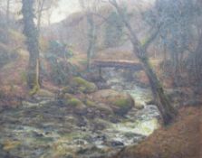 Samuel Dean (British, active 1895 - 1938) oil on canvas bridge over stream in a wood, 59 x 75cm,