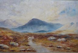 Oil on canvas moorland or Highland scene with shepherd and dog herding sheep down a lane,