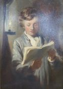 Oil on board boy reading by candlelight,