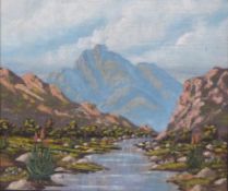 South African acrylic on board river landscape, 24 x 29cm,