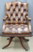 Chesterfield style brown leather swivel or captain's office chair