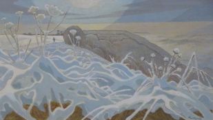 Oliver Heywood (1920 -1992) watercolour snowy landscape with town in valley beyond,