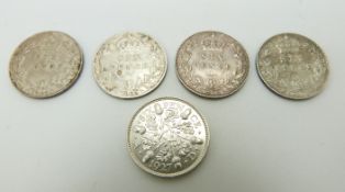 Four Edward VII sixpences 1902, 1903, 1904 and 1905, EF-VF, together with an uncirculated George V