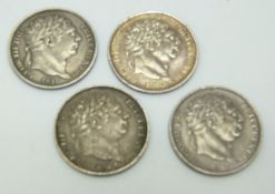Four George III 'bull head' sixpences, 1816, 1817, 1818 and 1819, VF+