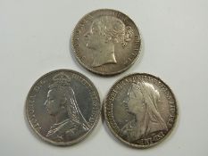 A trio of Victorian crowns to include young head 1844 VIII with star stops, 1894 veiled head LVIII