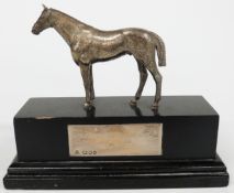 Modern hallmarked silver novelty horse on ebonised base, London 1985 maker Wakely & Wheeler,