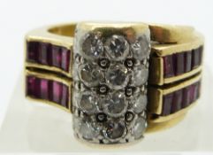 An 18ct gold ring set with 12 round cut diamonds, each approximately 0.1ct and 18 baguette cut