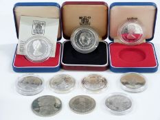 Ten mainly silver crowns/coins including two Britannias, Tristan Da Cunha 25p, Falklands Islands