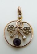 Edwardian 9ct rose gold pendant set with an amethyst and seed pearls, 2cm