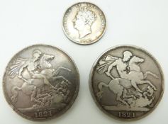1821 George IV crown, secundo edge, together with a further example, one F, the other VF, and an