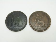 1875 Victorian later young head bronze penny with H mint mark, VF, some surface pitting, together