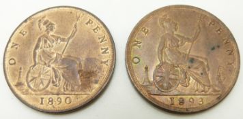 1890 and 1893 later young head Victorian pennies, both very near to unc with lustre