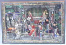 A cased Chinese diorama figure group of a court scene or play, H 43cm x W 63cm x D 15cm