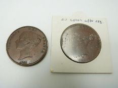 Victorian 1858 copper penny O T DEF-: VF+ together with an 1841 example with no colon after REG, VF
