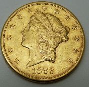 1883 USA Liberty head twenty dollar gold coin, San Francisco Mint, 33.4g