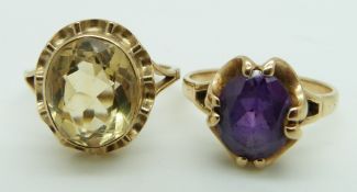 Two 9ct gold rings, one set with a citrine and the other with an amethyst