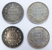 Four young head Victorian sixpences, 1880, 1881, 1883 and 1885, F-VF