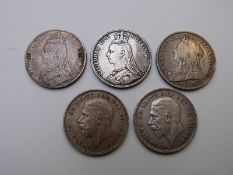 Five English crowns comprising 1888 and 1889 Victorian Jubilee, 1893 veiled head example and two