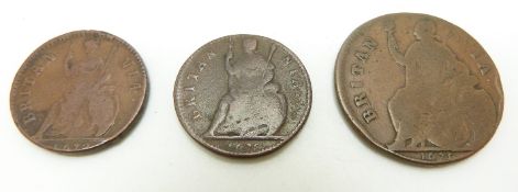 1673 Charles II halfpenny about F, together with a 1672 farthing and a 1675 example