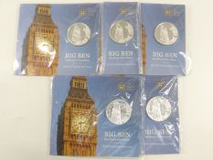 Five Royal Mint 2015 Big Ben £100 fine silver coins, in original packaging