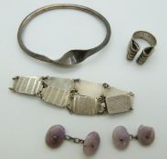 A silver bangle marked Norway, ring marked AGE Norway, silver bracelet and agate cufflinks