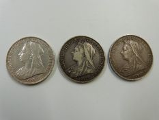 A trio of Victorian crowns comprising a run of veiled head examples 1898, 1899 and 1900