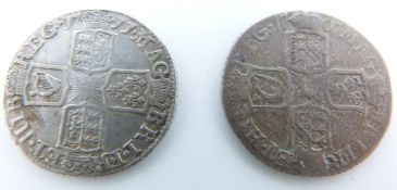 Queen Anne 1711 sixpence, plain angles together with a 1707 Edinburgh below bust example, both GF-