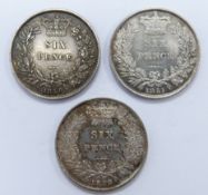 Three Victorian young head sixpences, all VF, 1850, 1851 and 1852