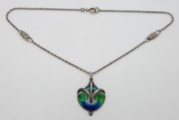 Art Nouveau silver pendant set with green and blue enamel, marked John Baker Bennett & Co, circa