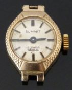 Summit 9ct gold ladies wristwatch with black hands, two-tone baton markers, silver dial, engraved