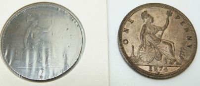 1874 Victorian bronze young head penny OT TB VF, together with a further Heaton Mint example with