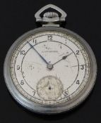 Longines keyless winding open faced pocket watch with subsidiary seconds dial, blued hands, black