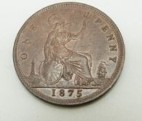 1875 Victorian later young head bronze penny, near unc, with lustre
