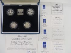 Royal Mint 1994-1997 £1 silver proof Piedfort collection comprising four one pound coins, in