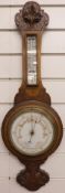 Banjo style early to mid twentieth century aneroid barometer / thermometer, white glass dial with