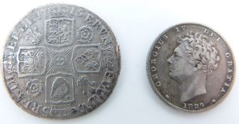 1715 George I shilling, first head, roses and plumes in angles reverse, F, together with an 1829