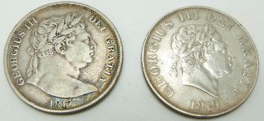 1816 George III bull head half crown, together with an 1817 'small head' example