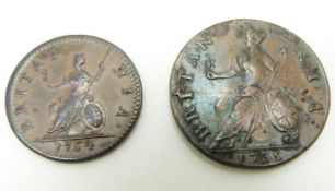 George III young head 1735 halfpenny, VF, with some lustre and tone, together with a 1754