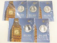 Five Royal Mint 2015 Big Ben £100 fine silver coins, in original packaging