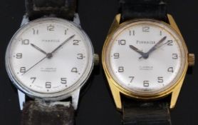 Two Pinnacle gentleman’s wristwatches both with black and luminous hands, black Arabic numerals,