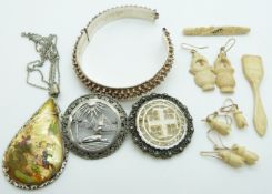 Three pairs of bone earrings, Indian mother of pearl pendant, white metal filigree bangle, two