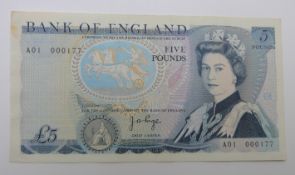 Bank of England 1971 Page five pound note with low number - A01 000177 EF small mark left corner,