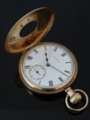 Elgin 9ct gold keyless winding half hunter pocket watch with inset subsidiary seconds dial, blued