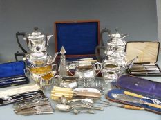 A large quantity of silver plate including Edwardian tea set, hallmarked silver handled knives,