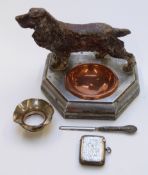 Figural desk tidy/ pin tray with Springer Spaniel mount, silver vesta etc, width 15cm