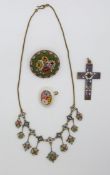 A micro mosaic necklace, micro mosaic brooch and an enamel cross