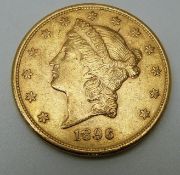 1896 USA Liberty head twenty dollar gold coin, San Francisco Mint, 33.4g