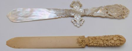 19thC ivory and carved mother of pearl letter openers, longest 28cm