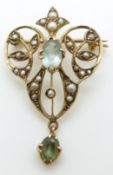 Art Nouveau 9ct gold brooch/ pendant set with seed pearls and topaz