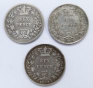 1835 William IV VF sixpence, together with two 1834 F examples